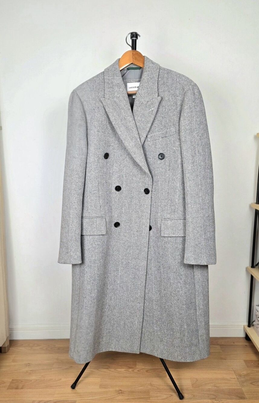 Lacoste Mens Wool Coat Long Double Breasted Herringbone Overcoat Gray L
